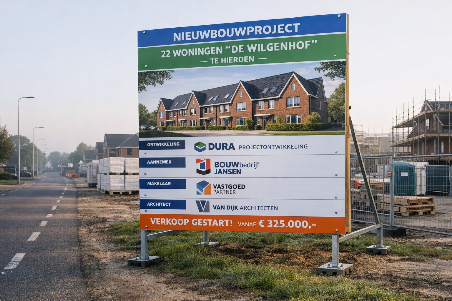 Wat kost een bouwbord laten maken en plaatsen, en welke factoren bepalen de prijs (materiaal, formaat, bedrukking en montage)?